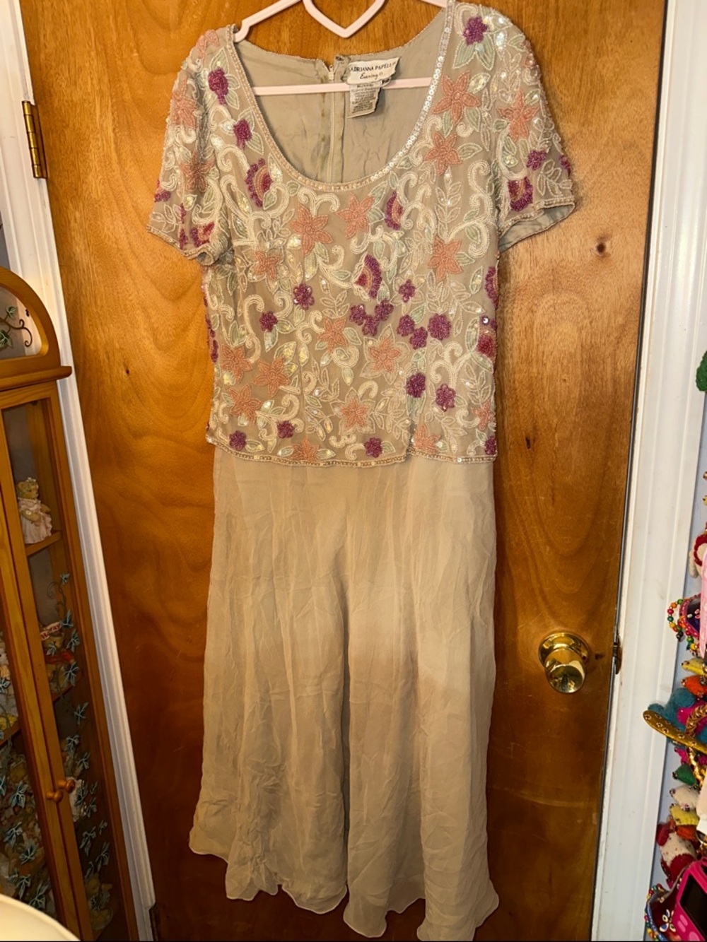 Vintage Beaded Floral Embroidered Beige Evening Dress